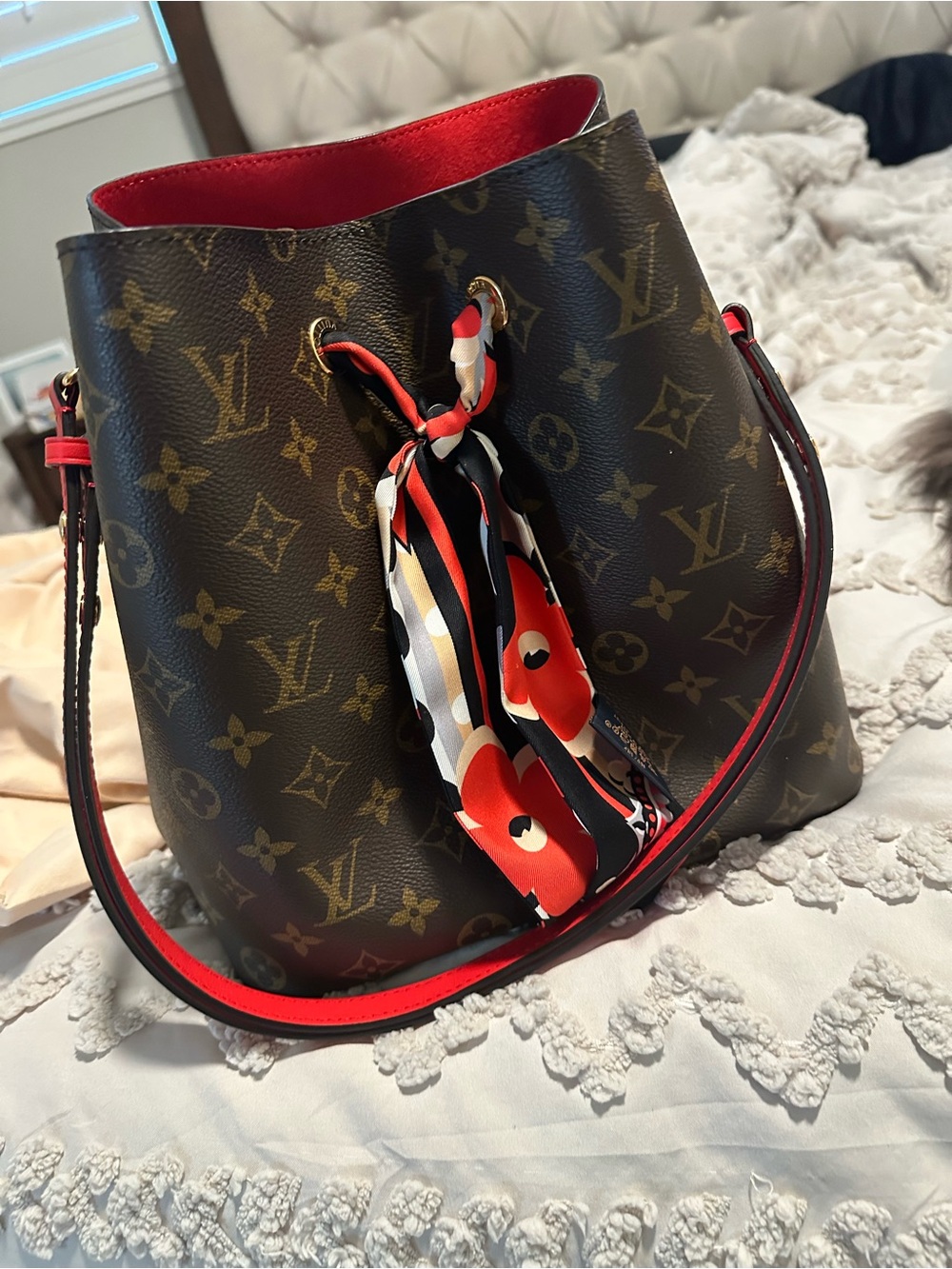 Louis Vuitton Monogram Bucket Bag with Red Trim and Floral Scarf - Like New